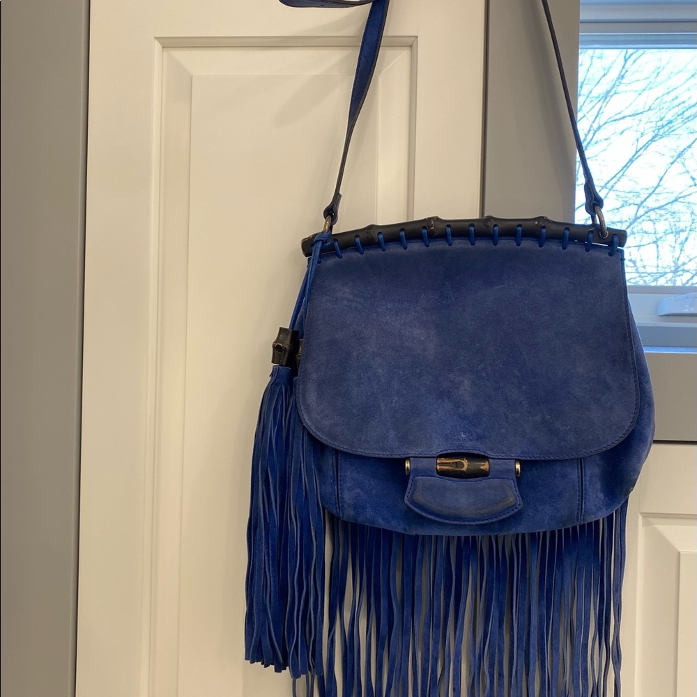 Gucci cobalt blue suede fringe crossbody bag